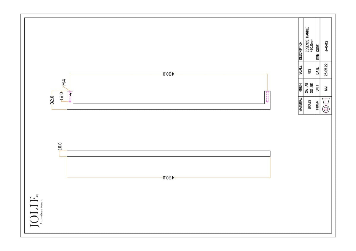Jolie Essence meubelgreep 480 mm technische tekening met maatvoering