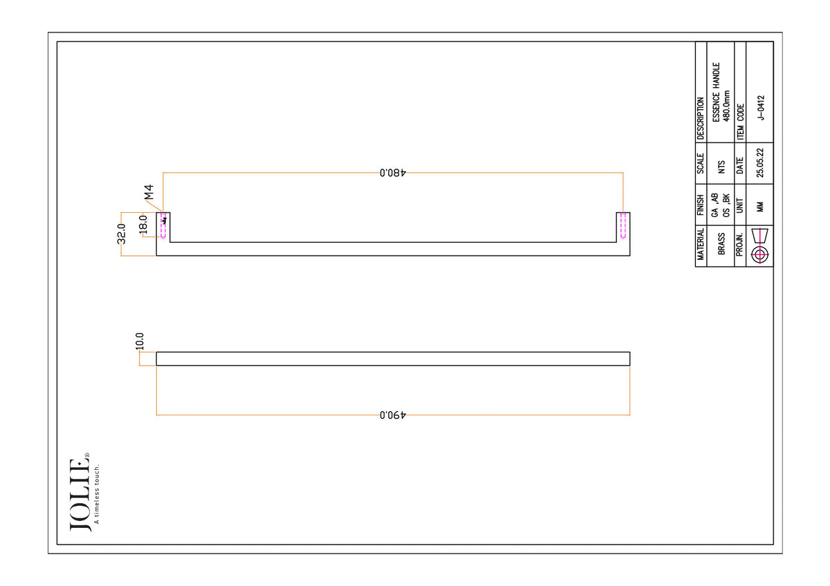 Jolie Essence meubelgreep 480 mm technische tekening met maatvoering