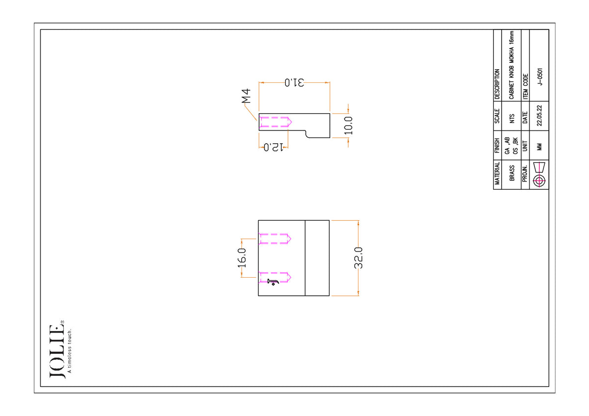 Jolie Element meubelgreep 16 mm technische tekening met maatvoering