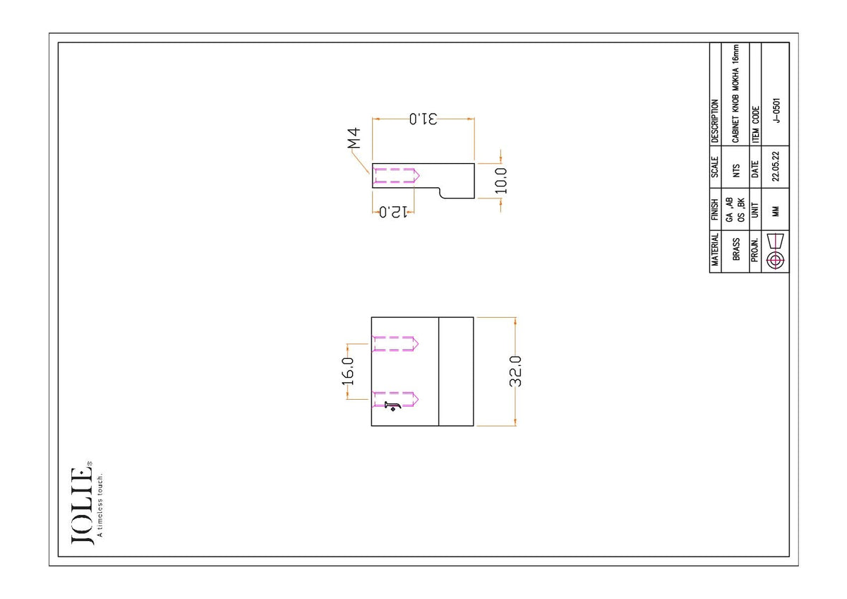 Jolie Element meubelgreep 16 mm technische tekening met maatvoering