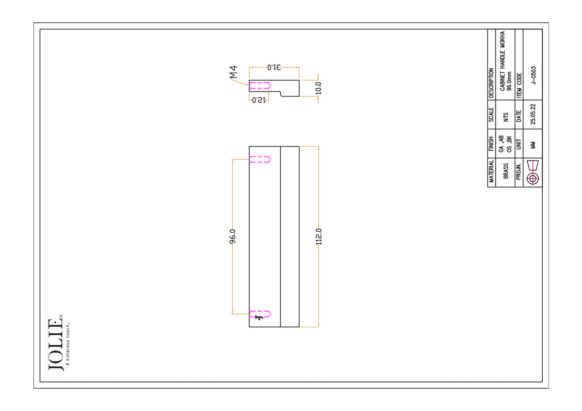 Jolie J-0503 meubelgreep 96 mm technische maattekening