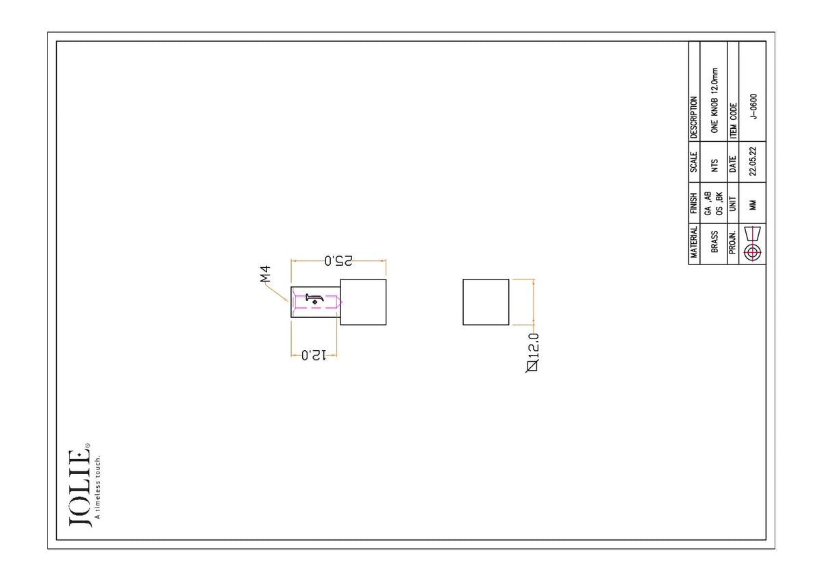 Jolie One meubelknop 12 mm technische tekening met maatvoering