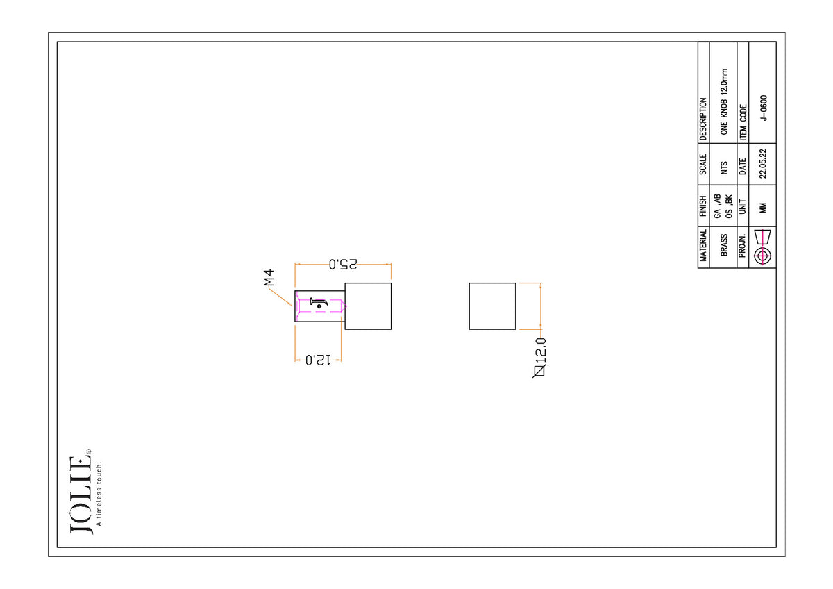Jolie One meubelknop 12 mm technische tekening met maatvoering