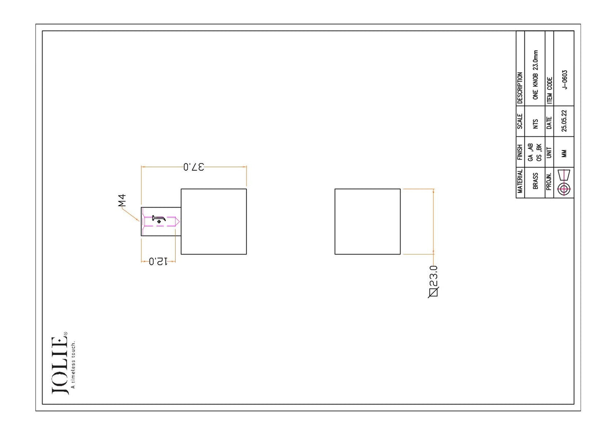 Jolie One meubelknop 23 mm technische tekening met maatvoering