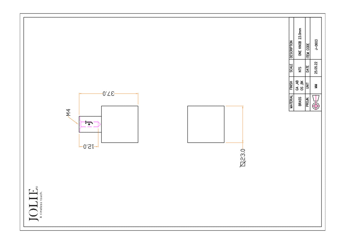 Jolie One meubelknop 23 mm technische tekening met maatvoering