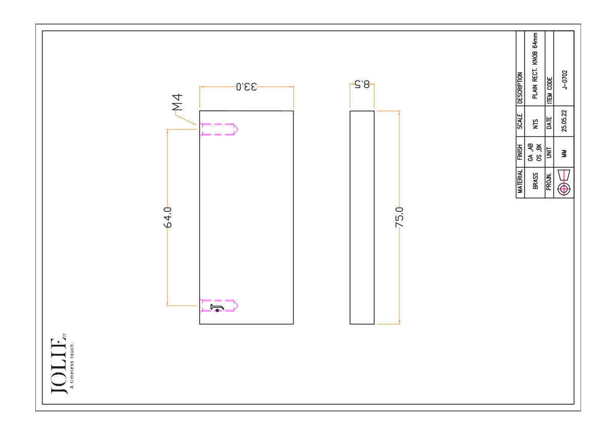 Jolie J-0702 meubelgreep 64 mm technische maattekening