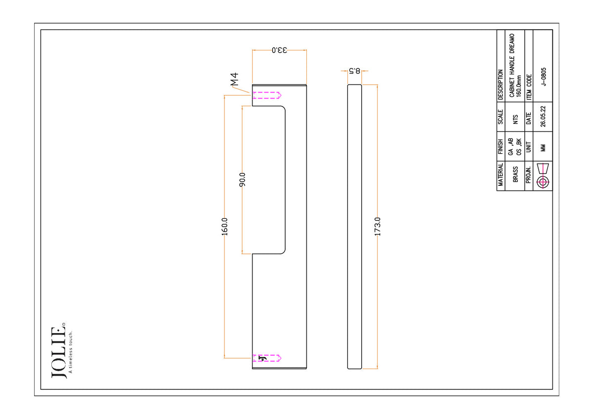 Jolie A-Symm meubelgreep 160 mm technische tekening met maatvoering