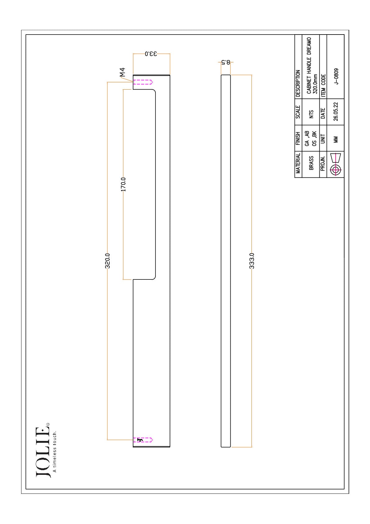 Jolie A-Symm meubelgreep 320 mm technische tekening met maatvoering
