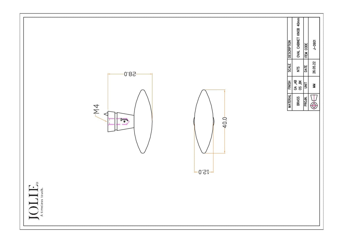 Jolie Sphere meubelknop 40 mm technische tekening met maatvoering