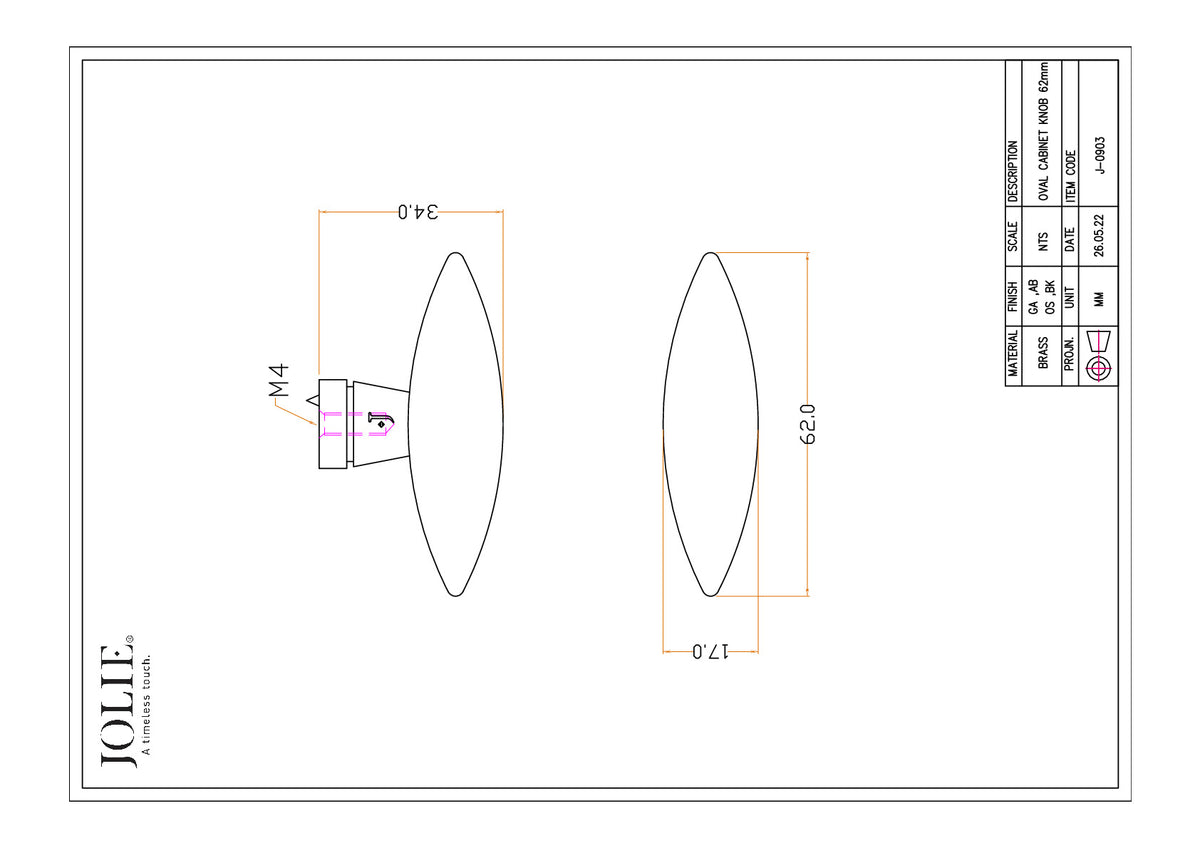 Jolie Sphere meubelknop 62 mm technische tekening met maatvoering