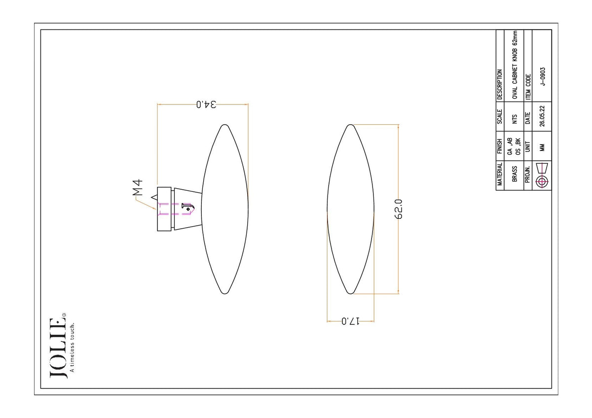 Jolie Sphere meubelknop 62 mm technische tekening met maatvoering