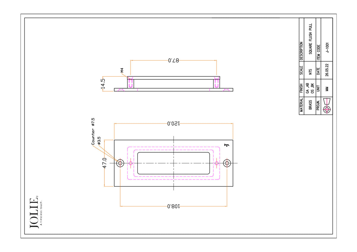 Jolie Contour schuifdeurkom oud zilver – technische tekening met maatvoering
