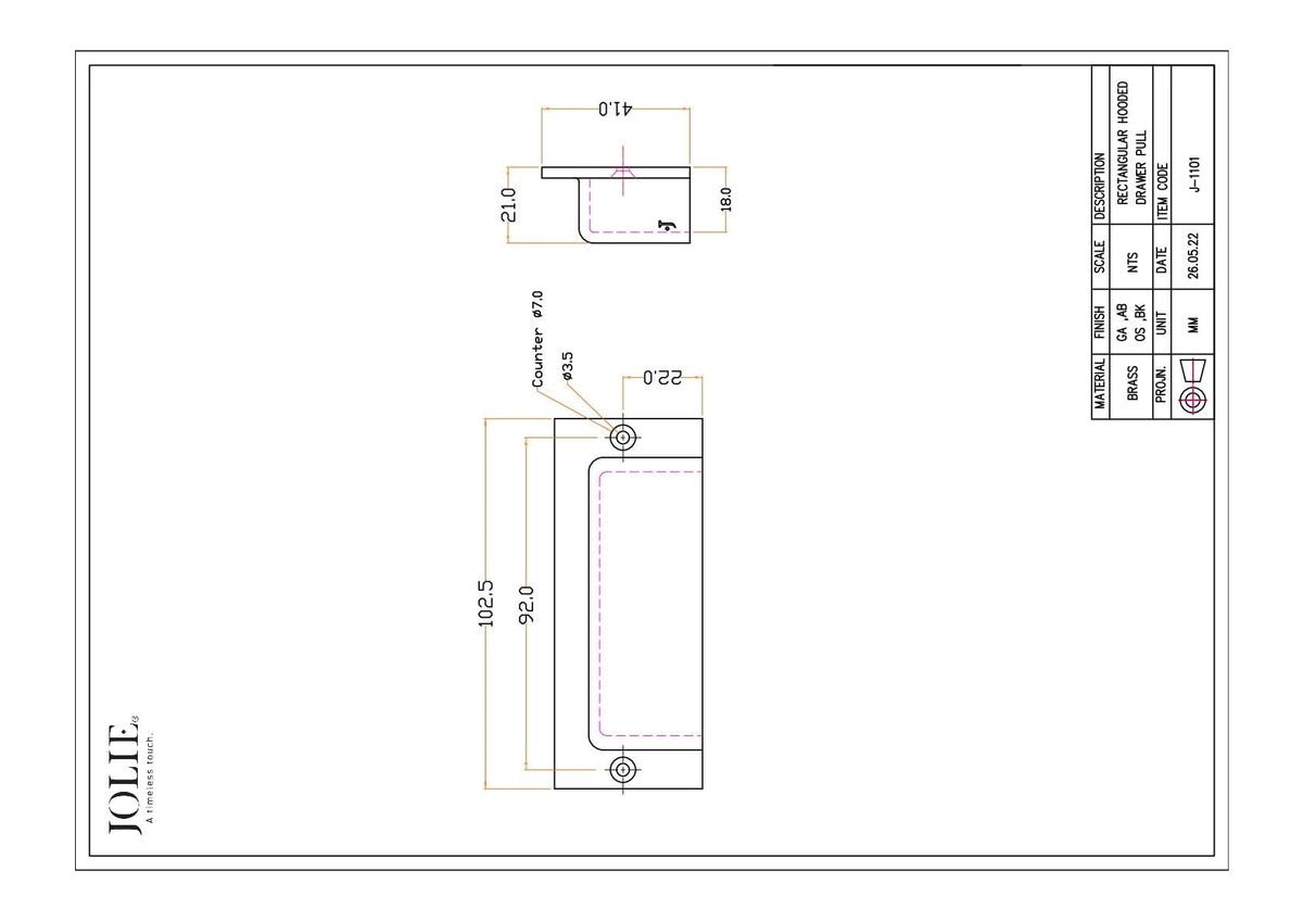 Jolie Brute raamgreep 92 mm antiek goud technische maattekening