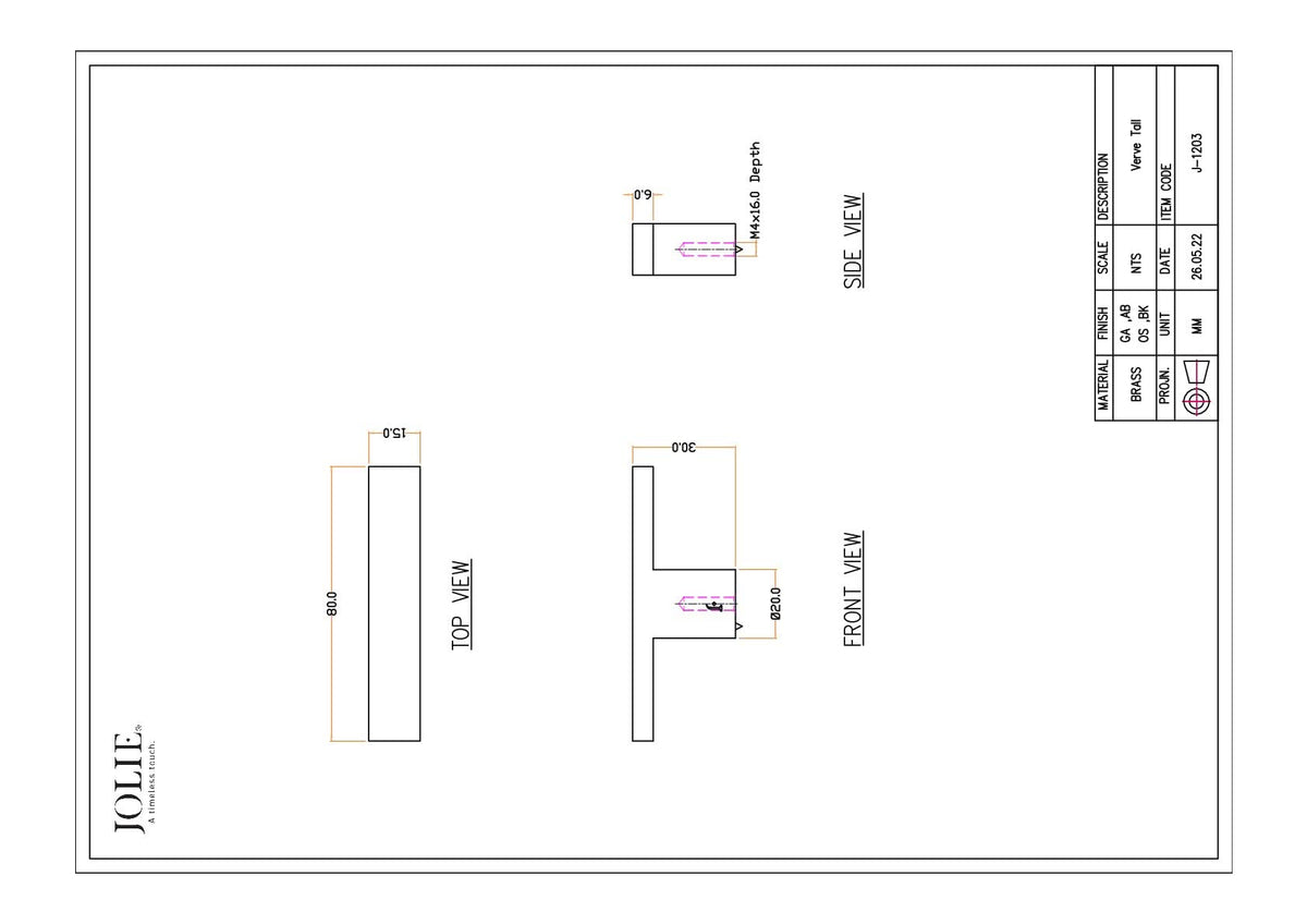Jolie Verve meubelknop 80 mm technische tekening met maatvoering