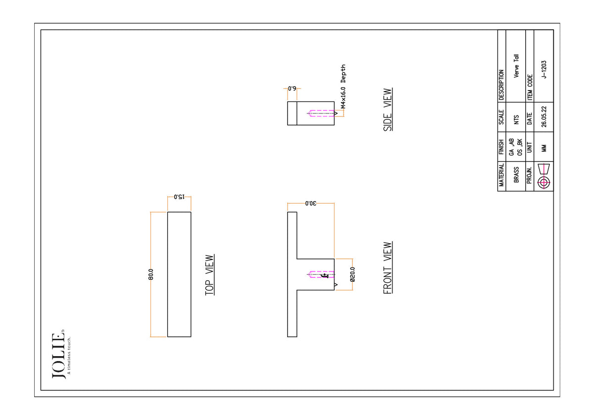 Jolie Verve meubelknop 80 mm technische tekening met maatvoering