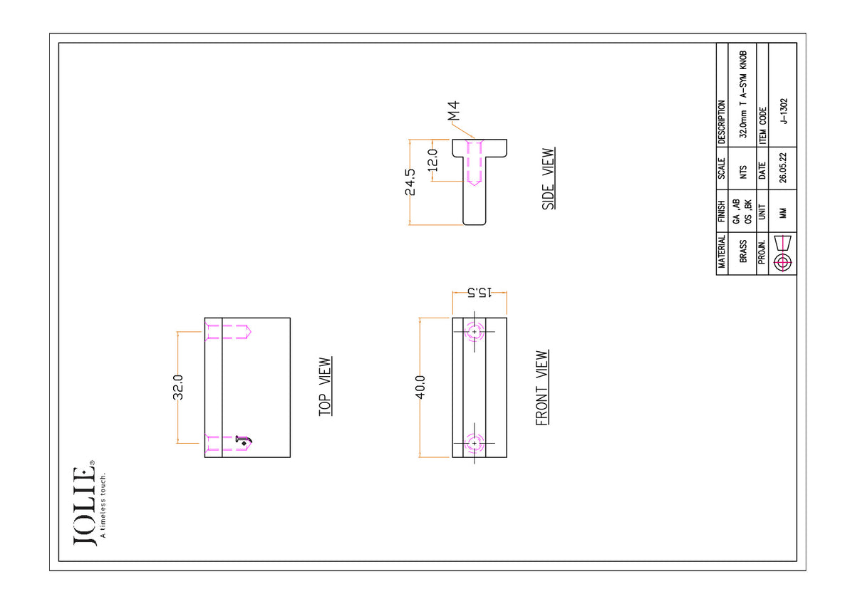 Jolie Rivers meubelgreep 32 mm technische tekening met maatvoering