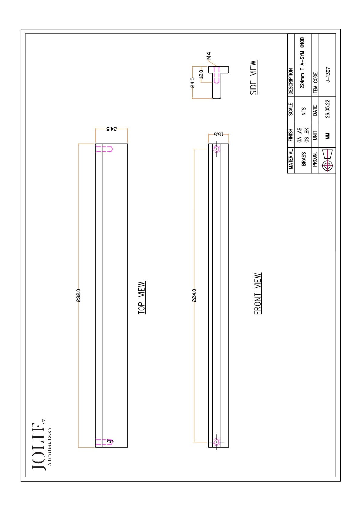 Jolie Rivers meubelgreep 224 mm technische tekening met maatvoering