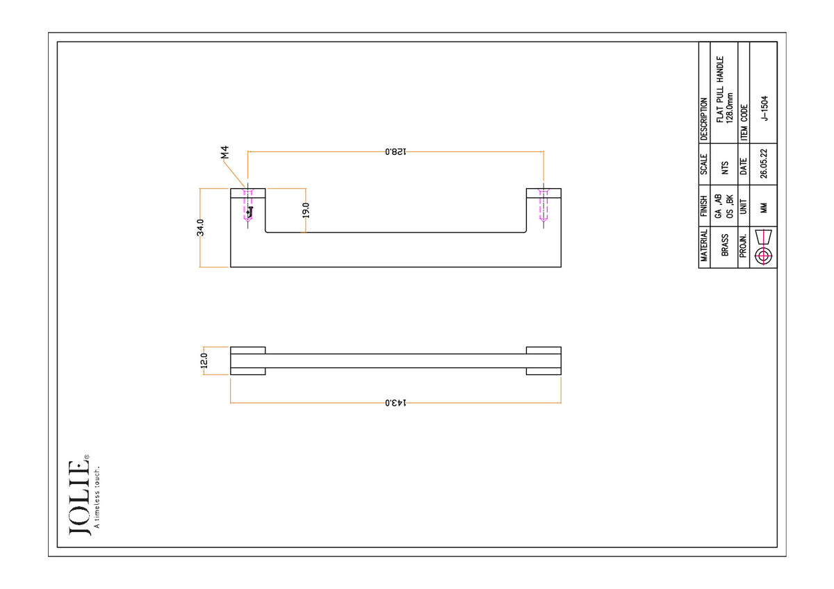 Jolie Evoke meubelgreep 128 mm technische tekening met maatvoering