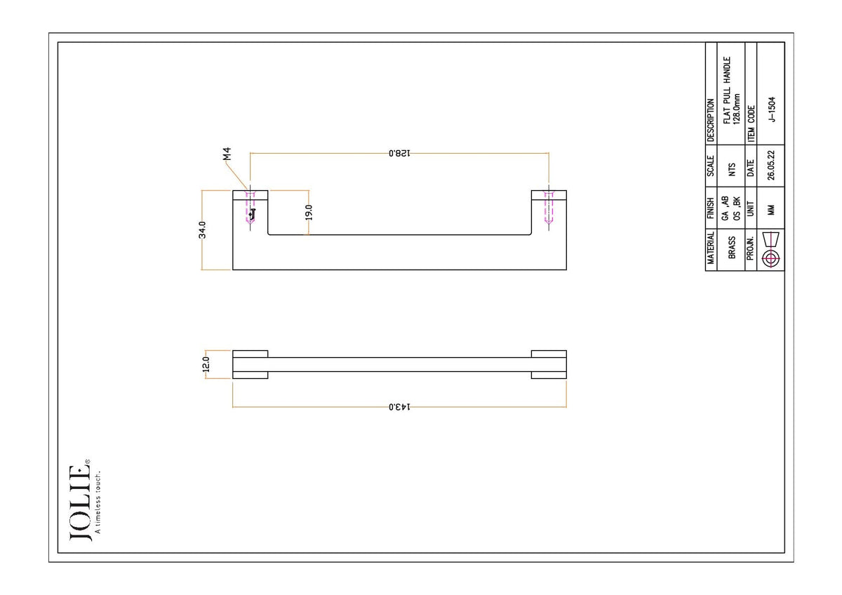 Jolie Evoke meubelgreep 128 mm technische tekening met maatvoering