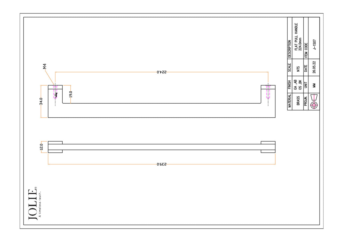 Jolie Evoke meubelgreep 224 mm technische tekening met maatvoering