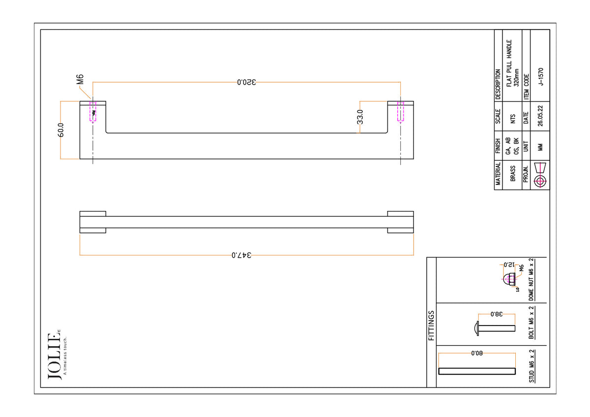 Jolie Evoke meubelgreep 320 mm technische tekening met maatvoering