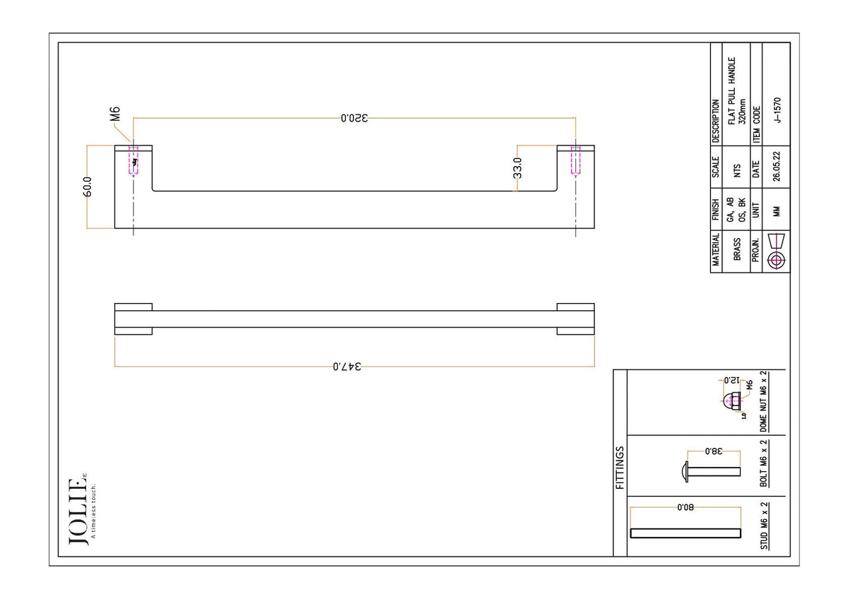 Jolie Evoke meubelgreep 320 mm technische maattekening