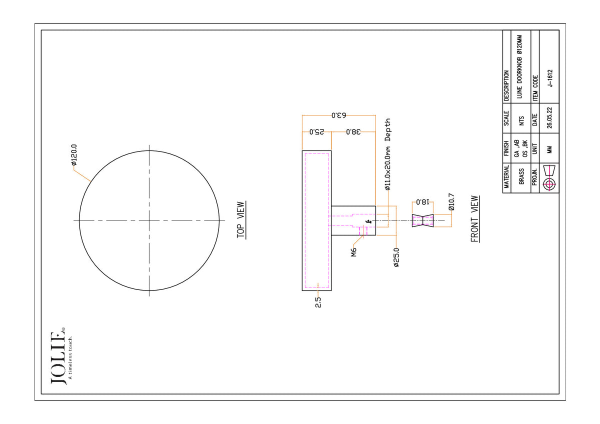 Jolie Lune voordeurknop 120 mm zwart – technische maattekening