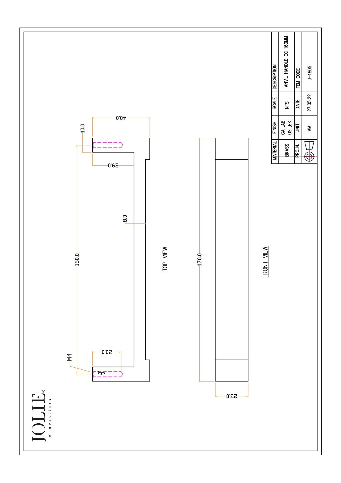 Jolie Anvil meubelgreep 160 mm oud zilver technische tekening