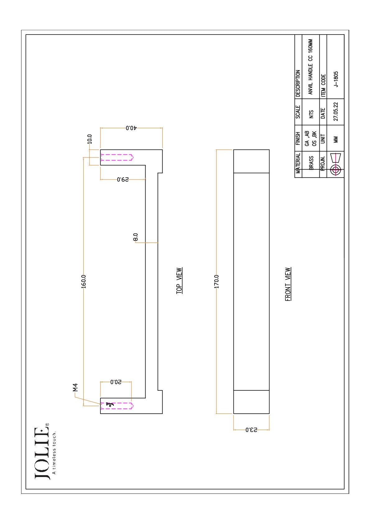 Jolie Anvil meubelgreep 160 mm mat zwart technische tekening