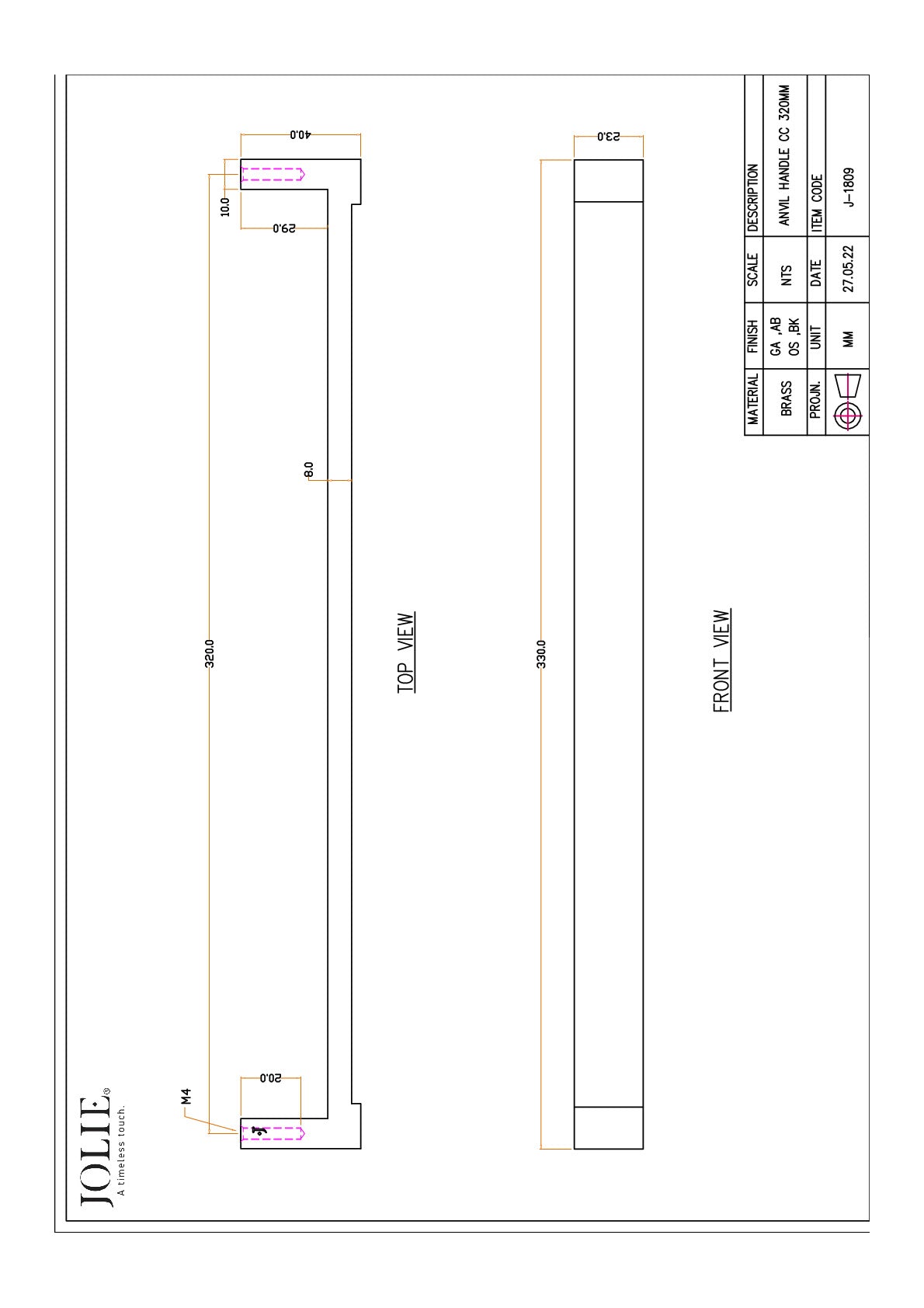 Jolie Anvil meubelgreep 320 mm technische maattekening