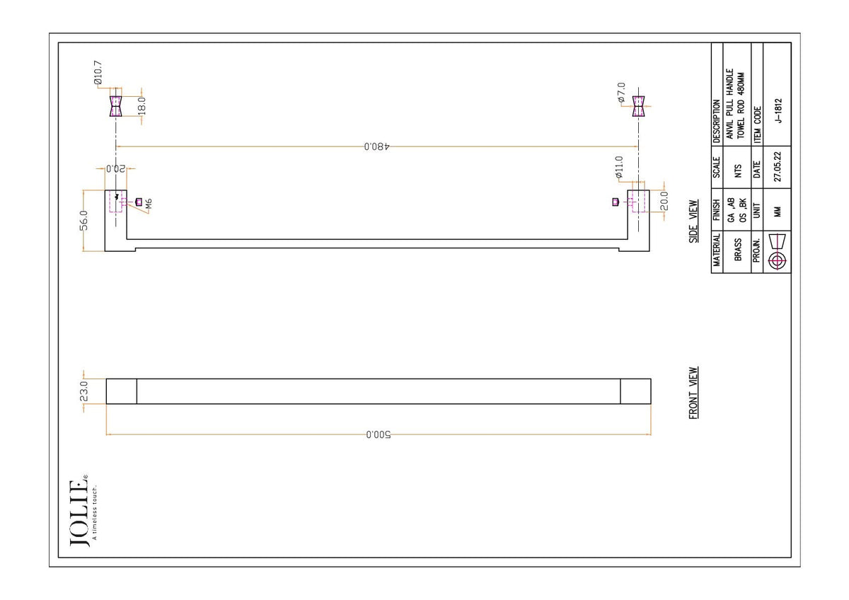 Jolie Anvil handdoekstang 480 mm antiek brons technische tekening