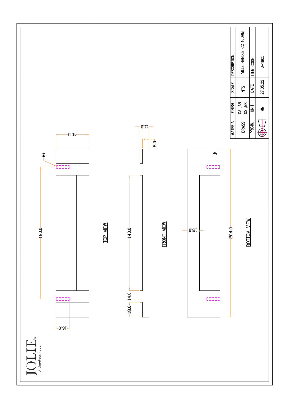 Jolie Ville meubelgreep 160 mm technische maattekening