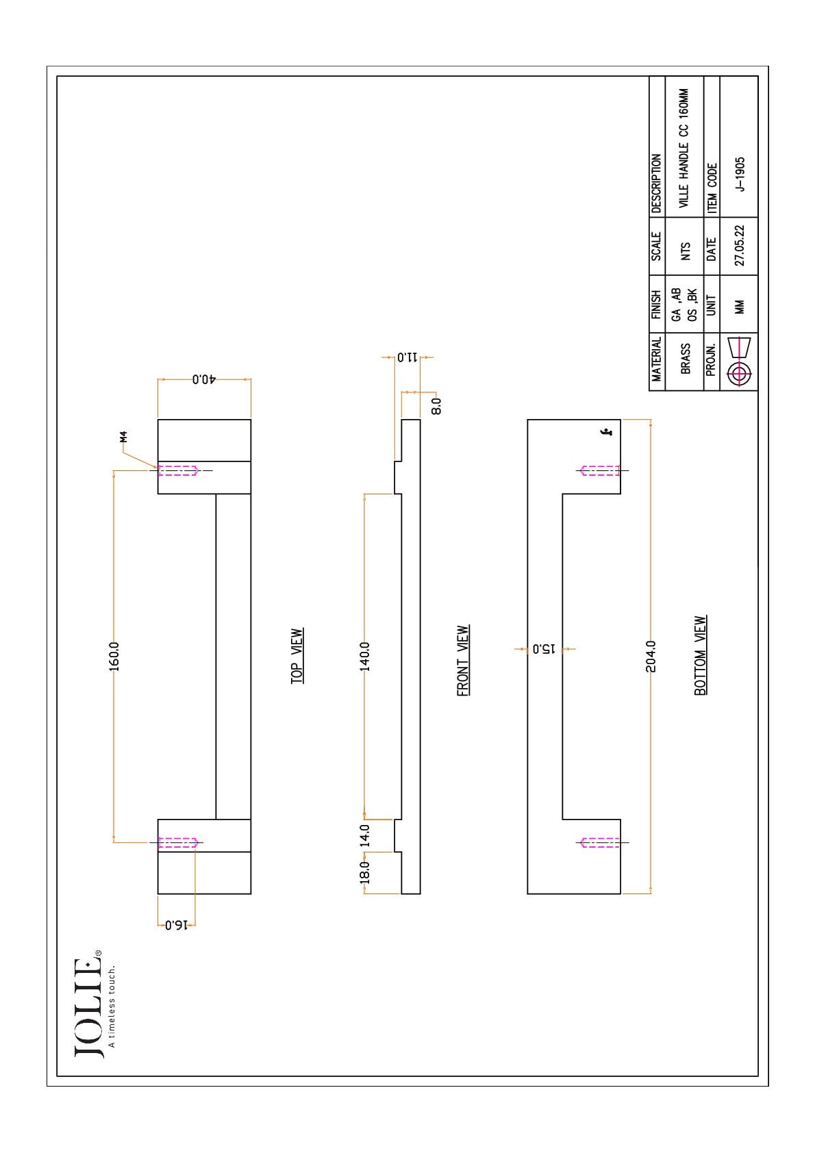 Jolie Ville meubelgreep 160 mm technische maattekening