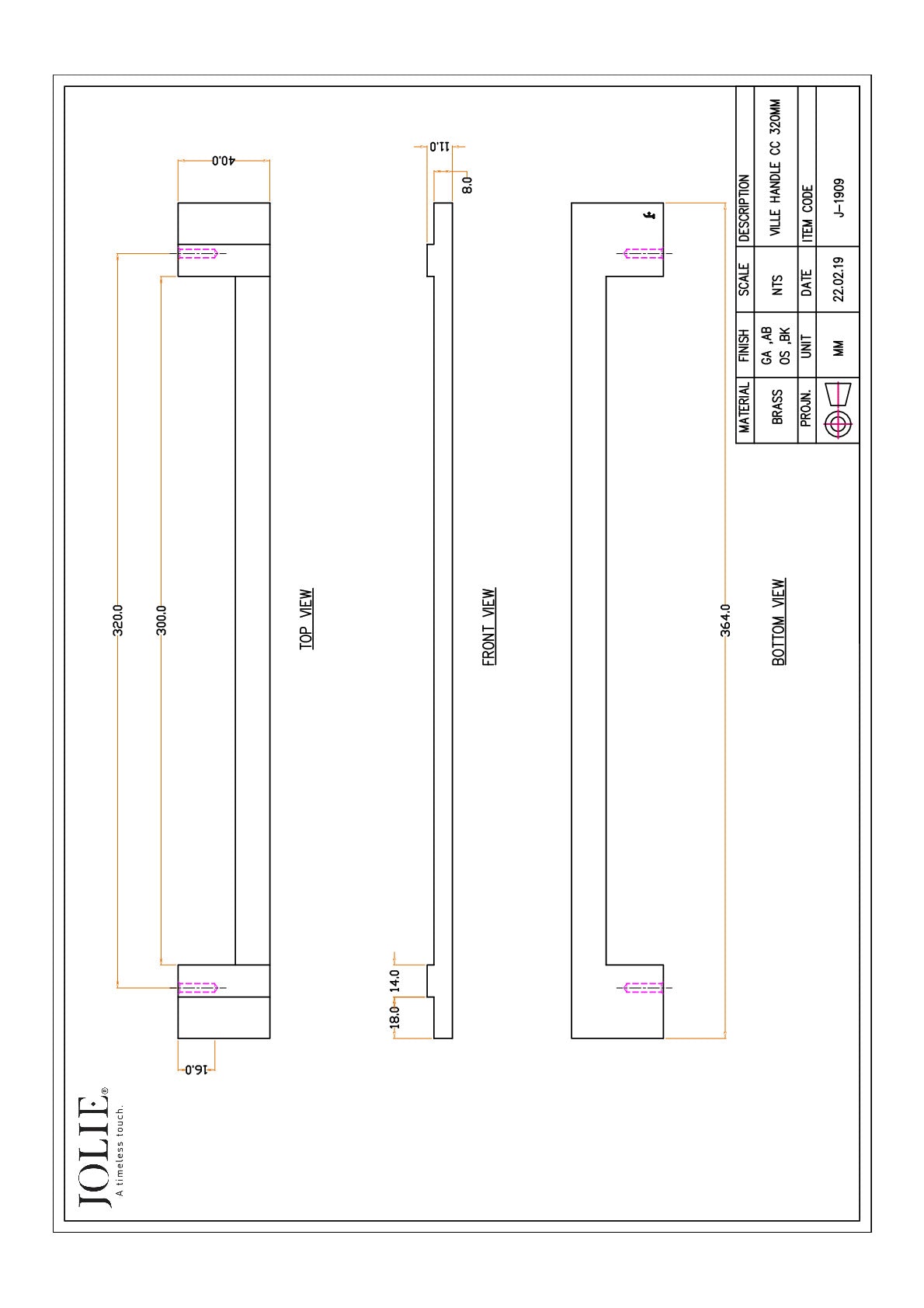Jolie Ville meubelgreep 320 mm mat zwart technische tekening