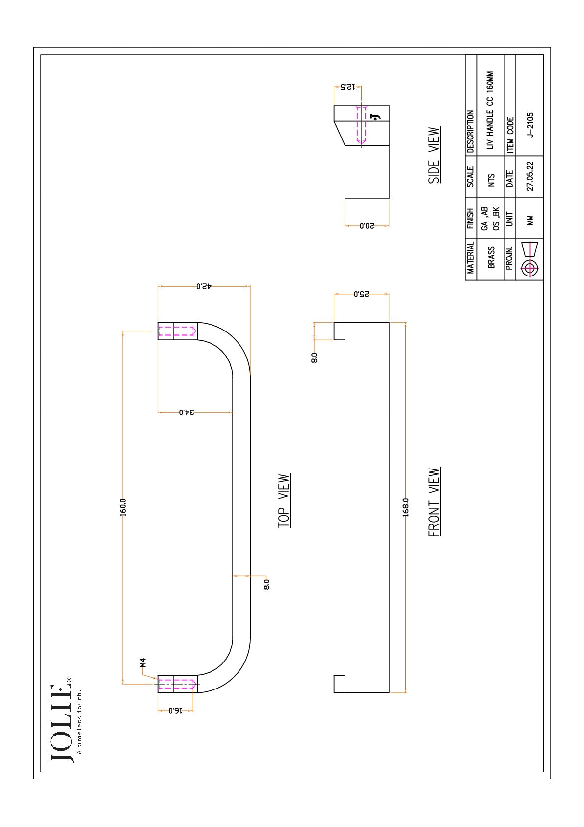 Jolie Liv meubelgreep 160 mm technische maattekening