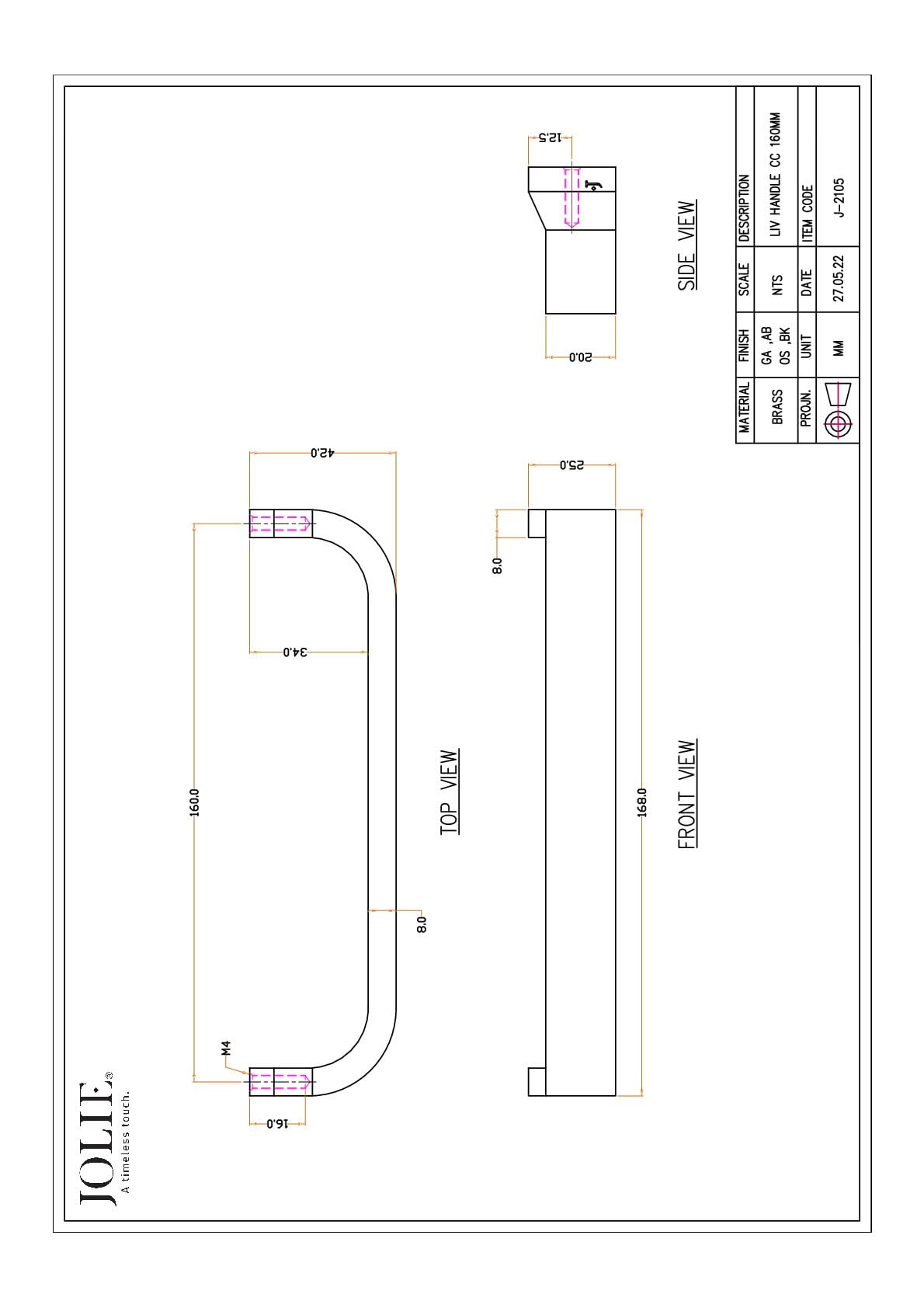 Jolie Liv meubelgreep 160 mm technische maattekening