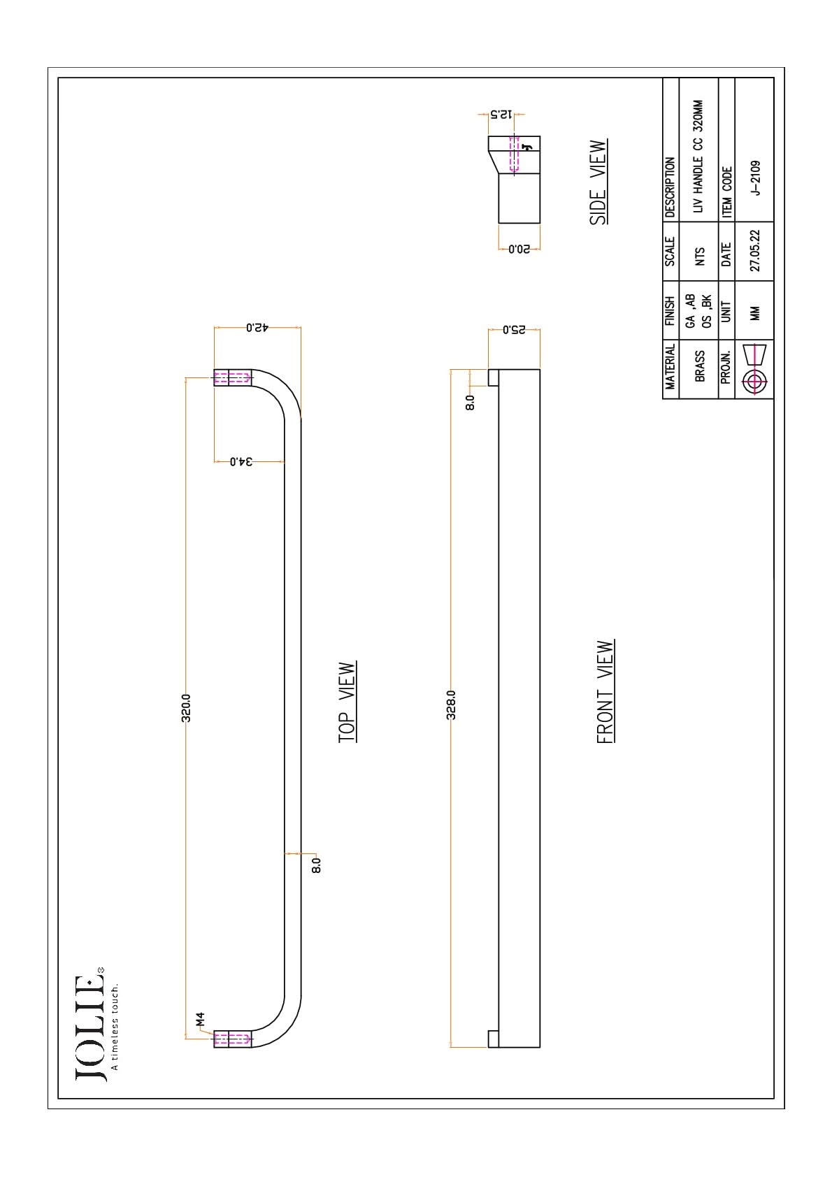 Jolie Liv meubelgreep 320 mm technische maattekening