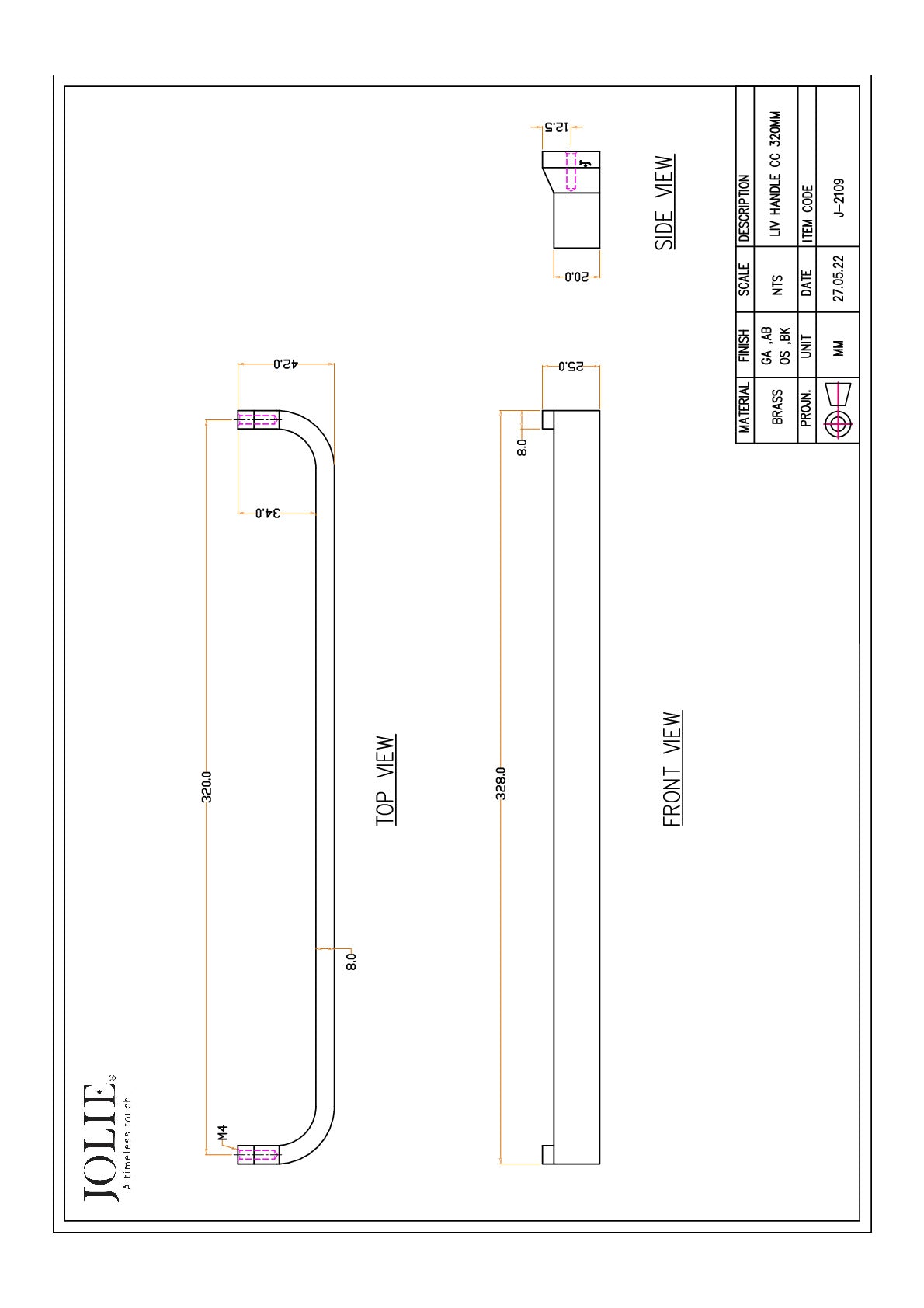 Jolie Liv meubelgreep 320 mm technische maattekening