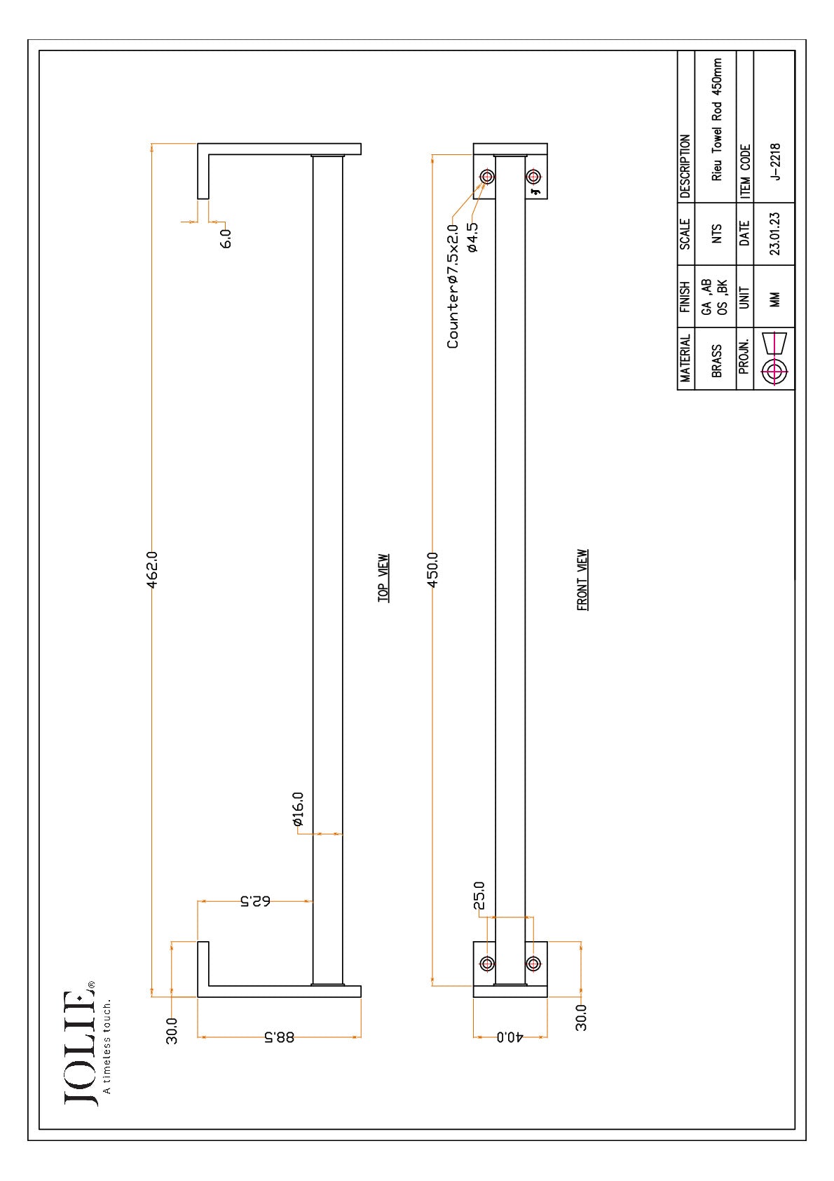 Jolie Rieu handdoekstang 450 mm technische tekening