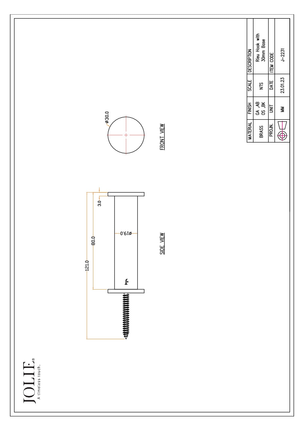 Jolie Rieu haak 30 mm Antiek brons technische tekening met maatvoering