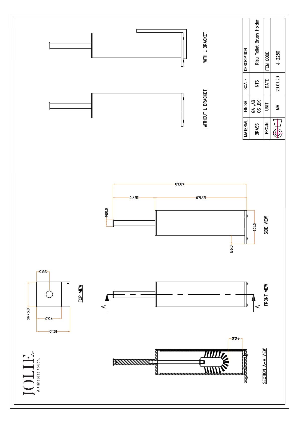 Jolie Rieu toiletborstel (staand) technische tekening
