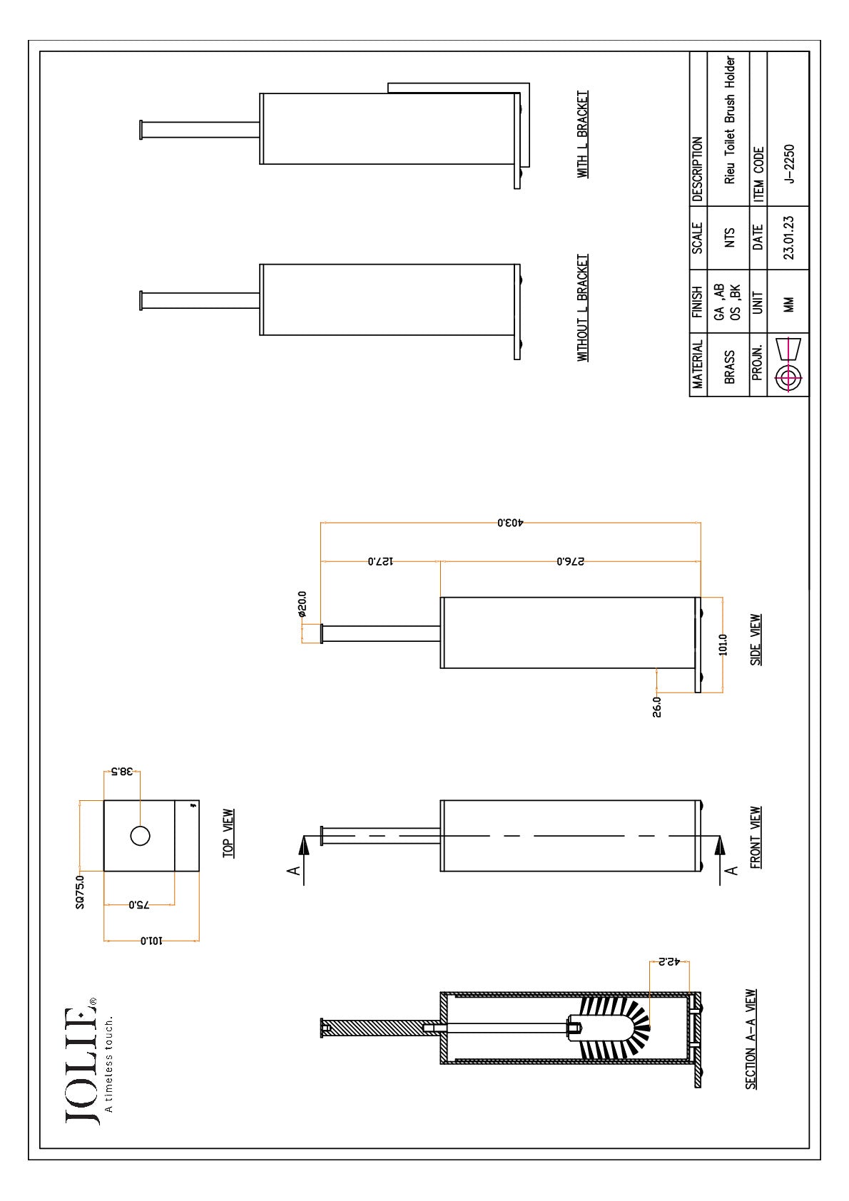 Jolie Rieu toiletborstel (staand) technische tekening