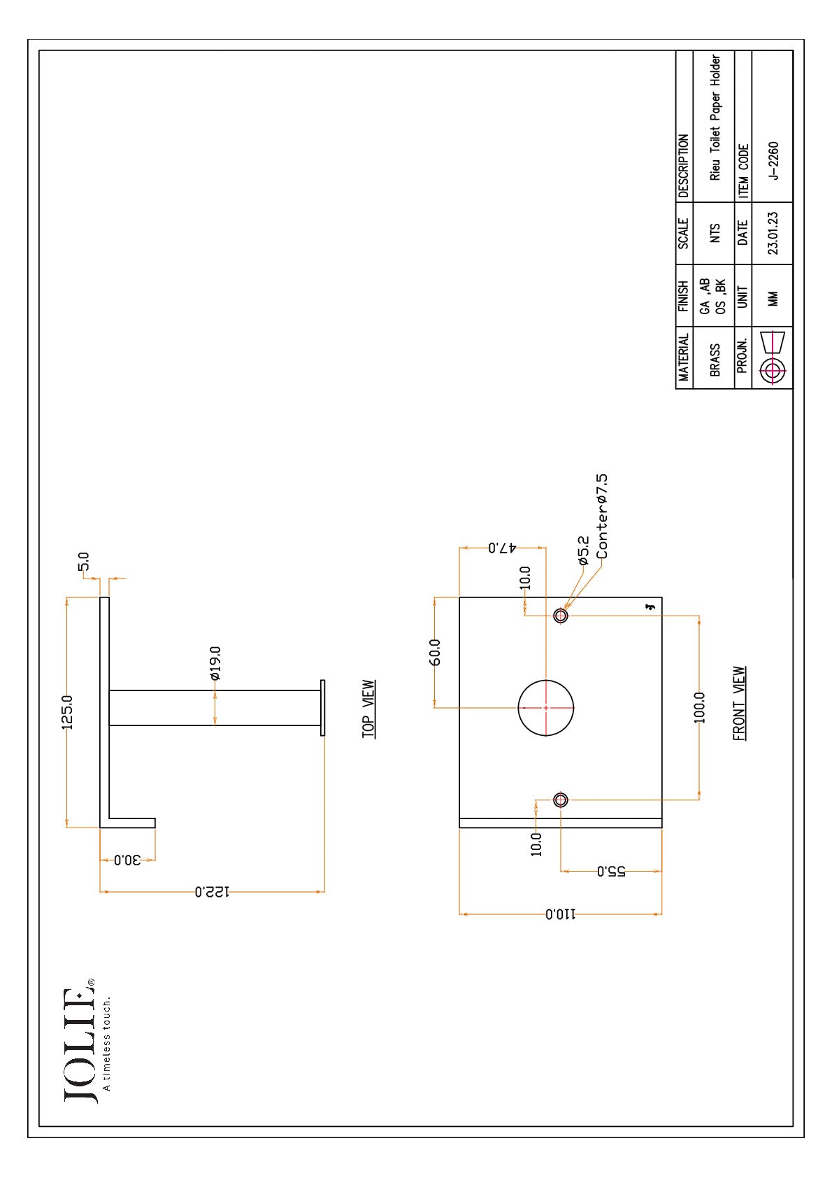 Jolie Rieu toiletrolhouder oud zilver technische tekening