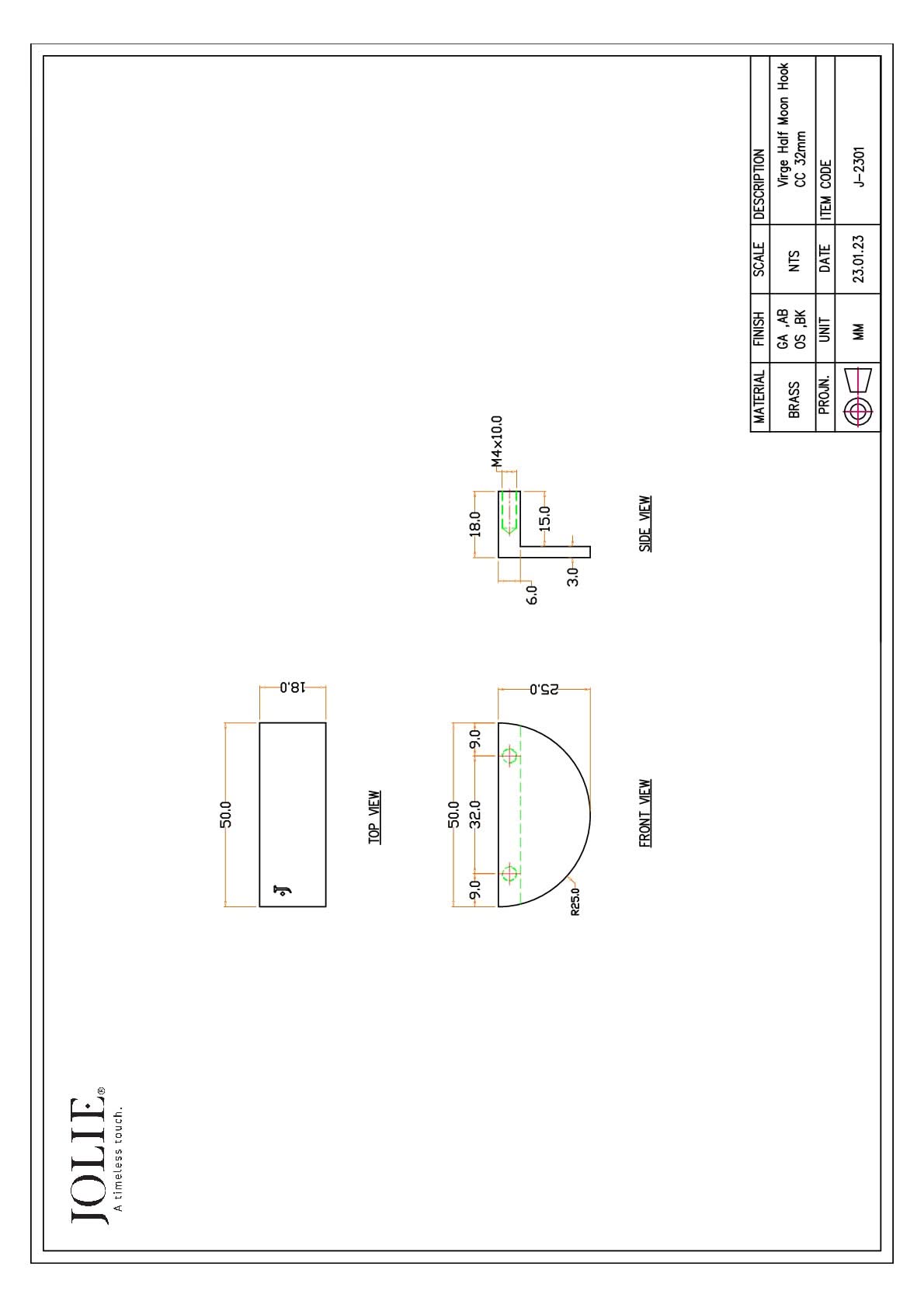 Jolie Virge meubelgreep 32 mm antiek brons technische tekening
