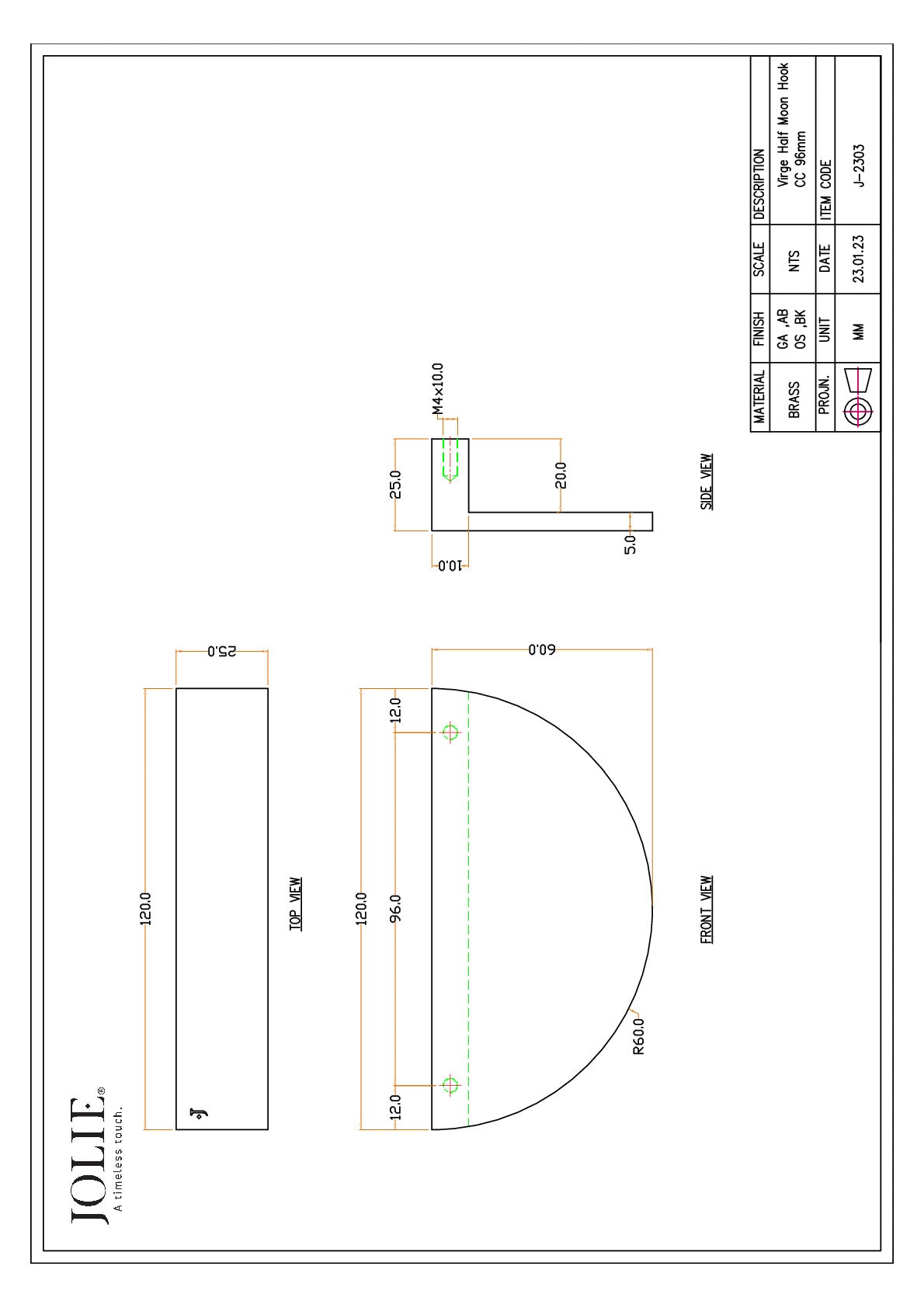 Jolie Virge meubelgreep 96 mm antiek brons technische tekening