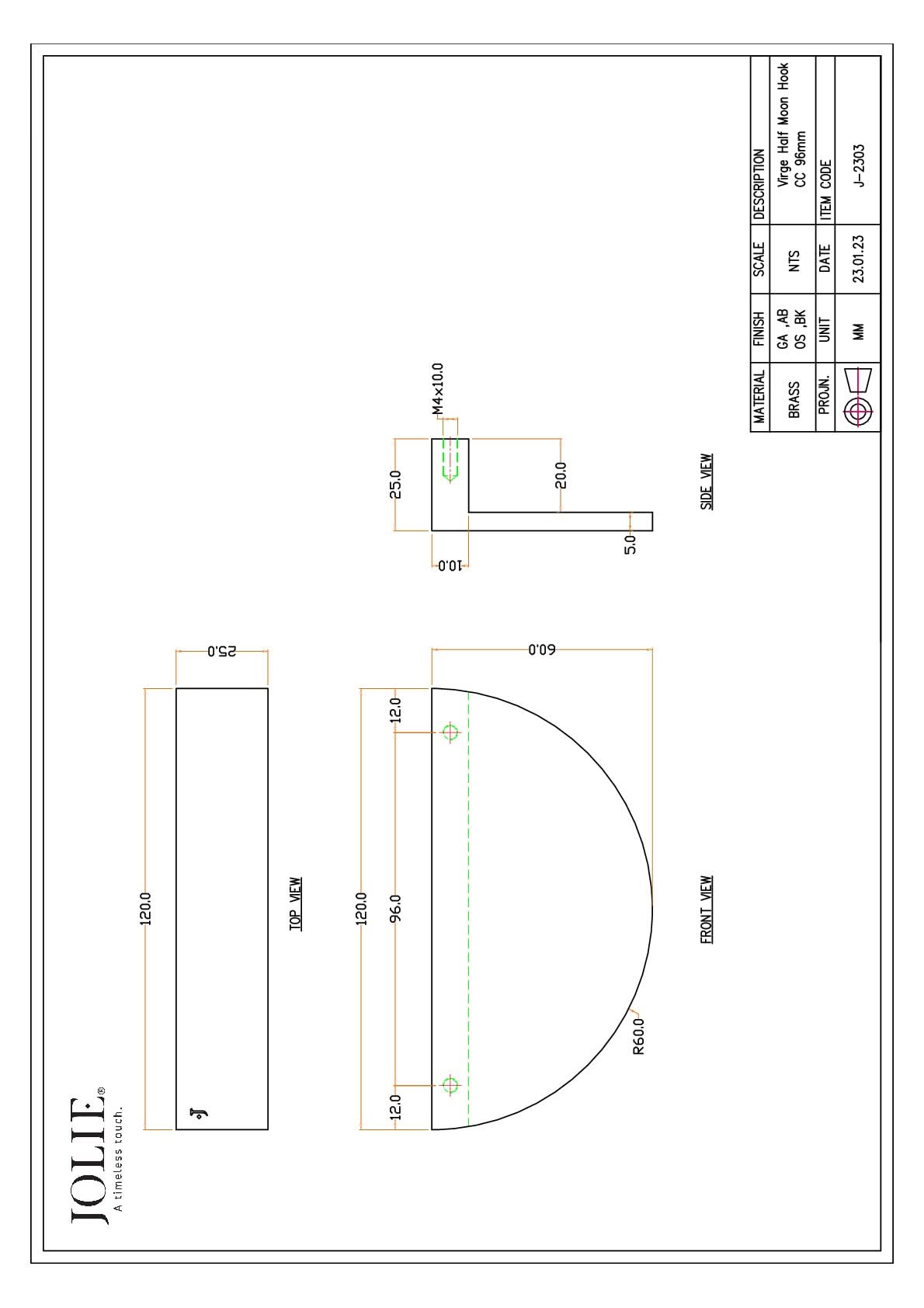 Jolie Virge meubelgreep 96 mm antiek goud technische tekening