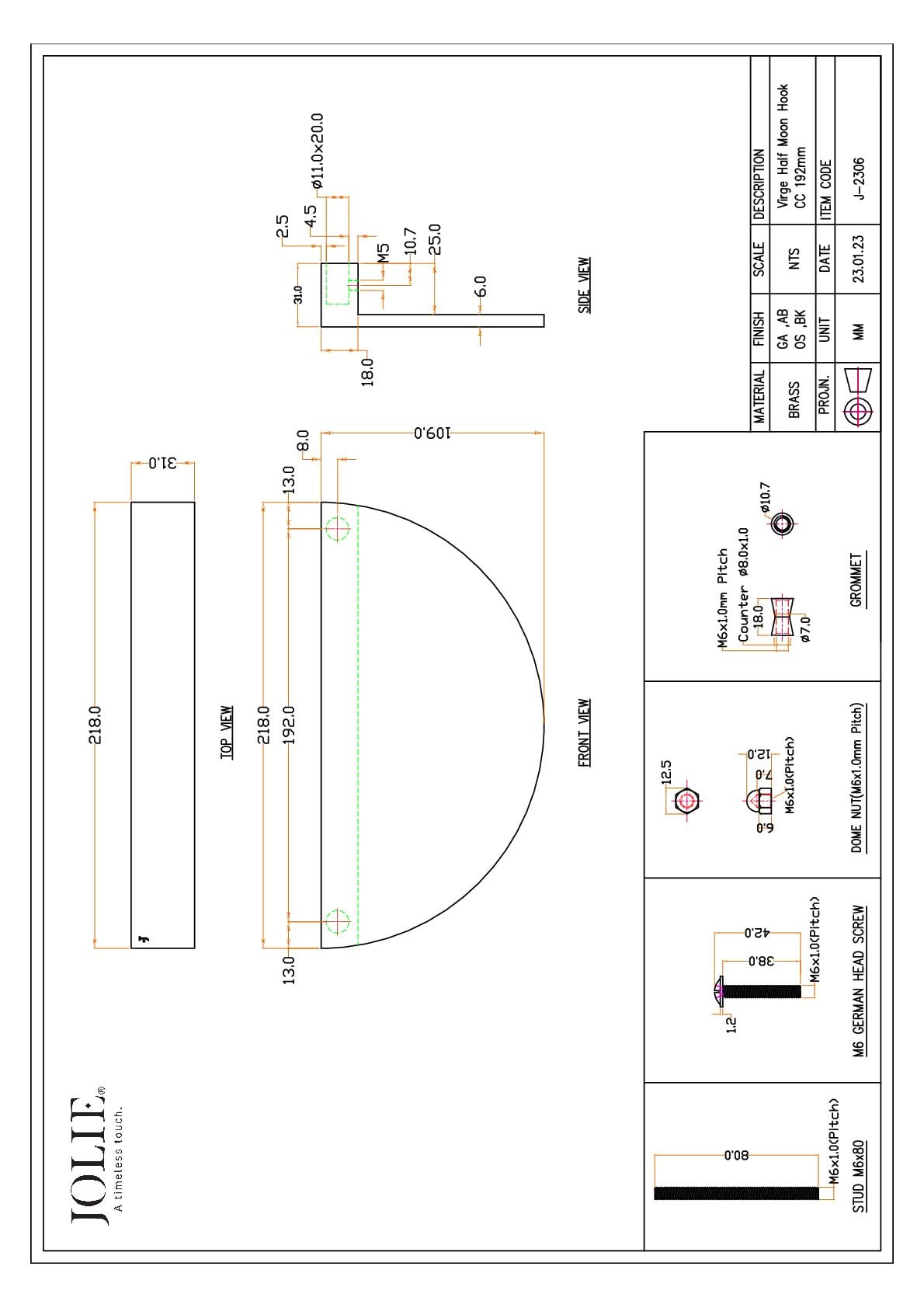 Jolie Virge meubelknop zwart technische tekening