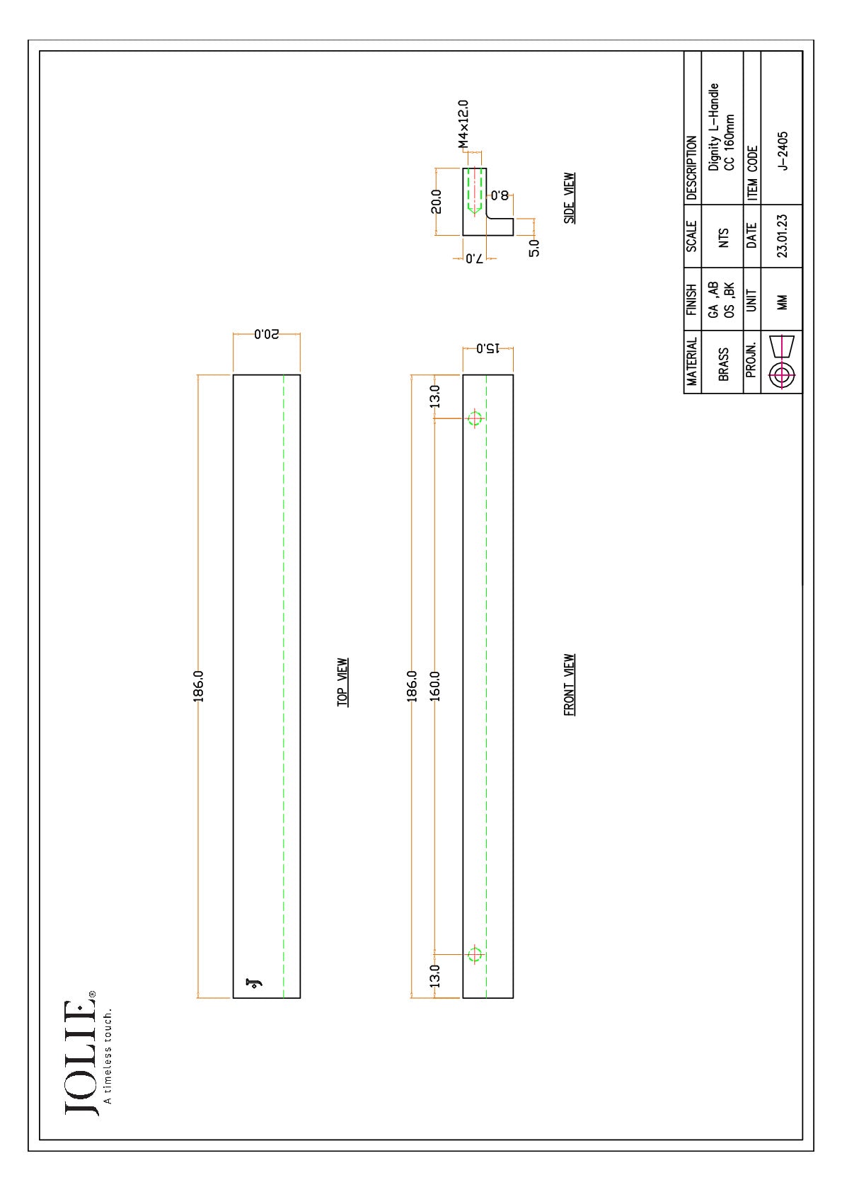 Jolie Dignity meubelgreep 160 mm mat zwart technische tekening