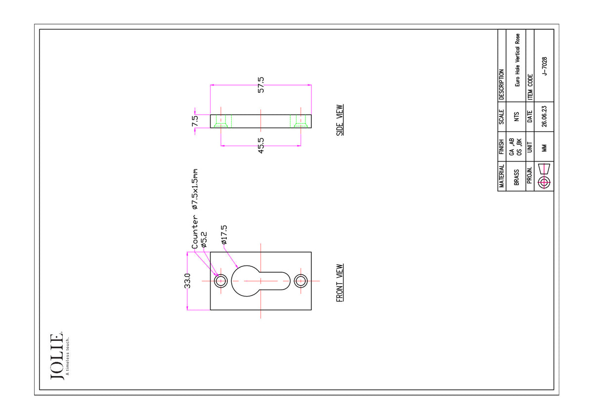 Jolie cilinderrozet 57,5 x 32 mm technische tekening