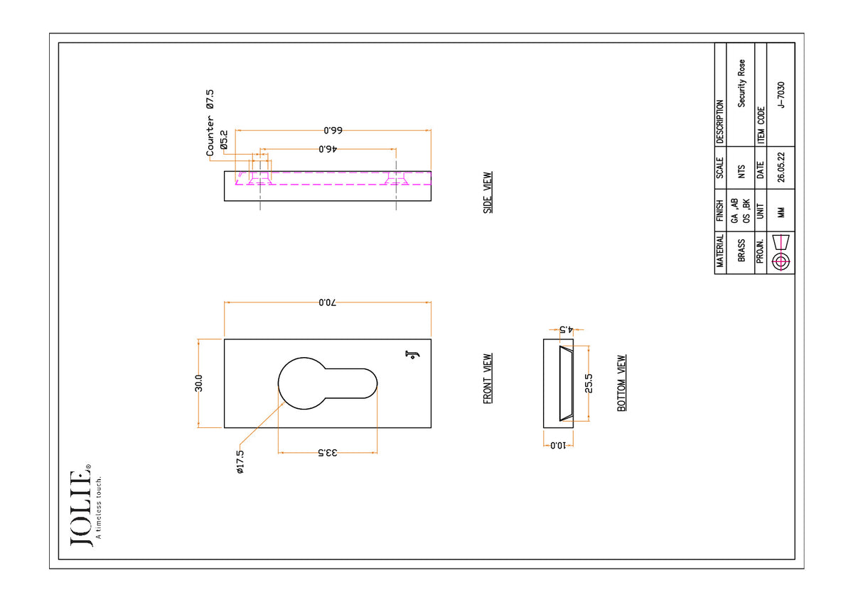 Jolie veiligheidscilinderrozet 70 x 30 mm antiek goud technische maattekening